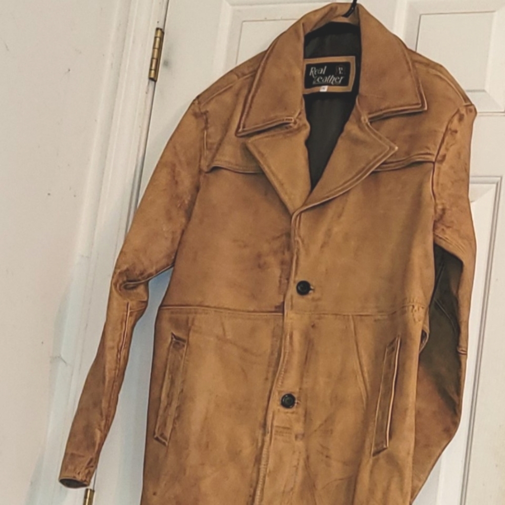 Mens Real Leather 2XL Trench coat sheepskin tan distressed new
